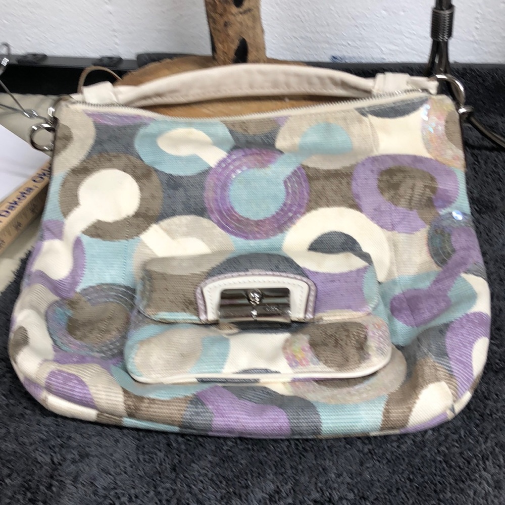 Coach purse teal, purple, beige, and gray with random Iridescent sequins